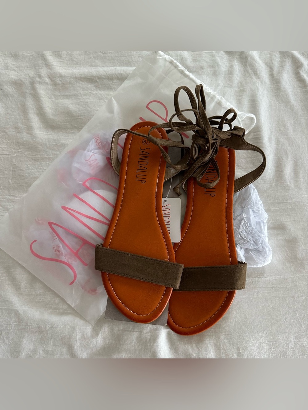 NIB Sandalup Tie Up Ankle Sandal Khaki Green 8.5